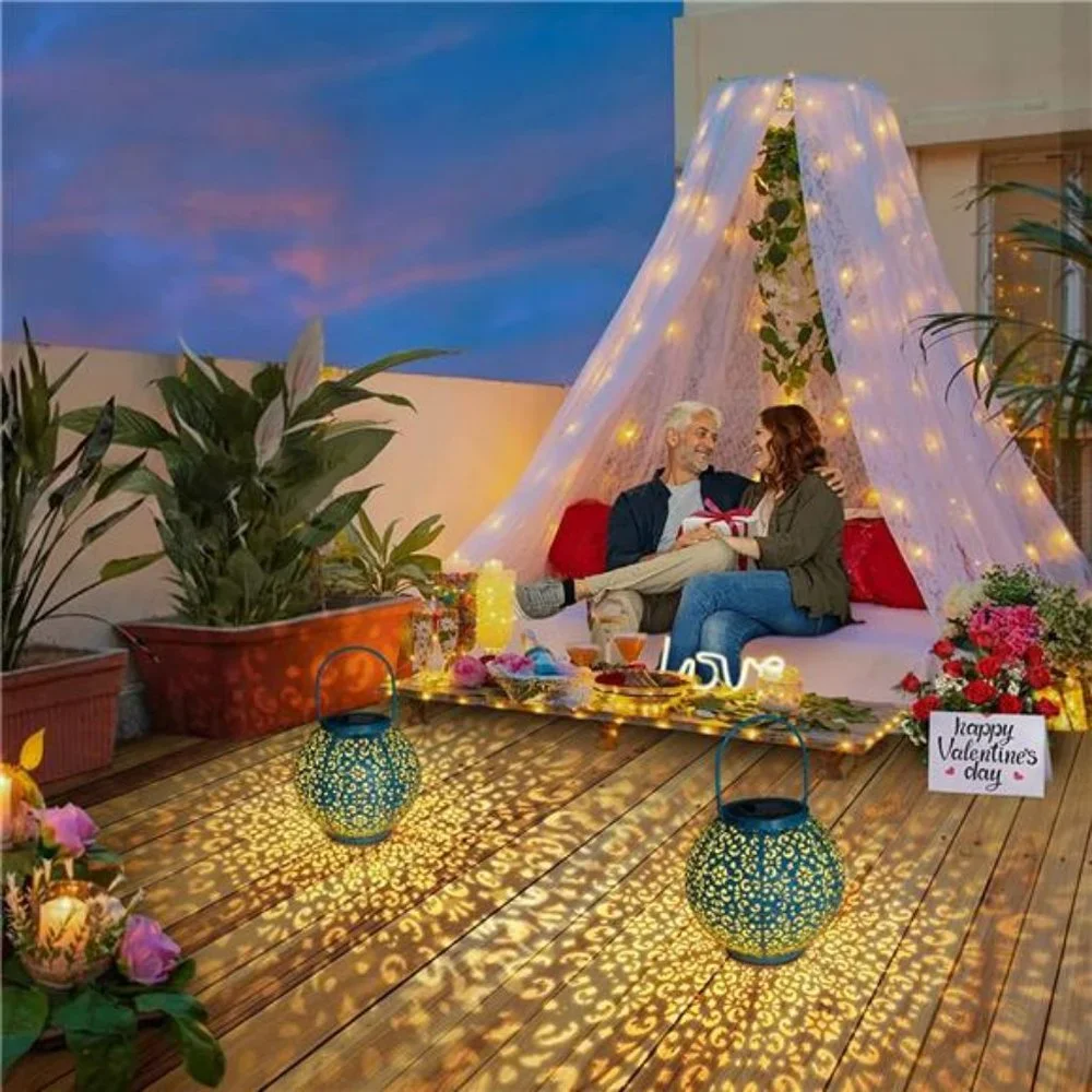 Solar Large Lantern Hanging Lights Metal Garden, Waterproof (1 Pack, Teal Blue)